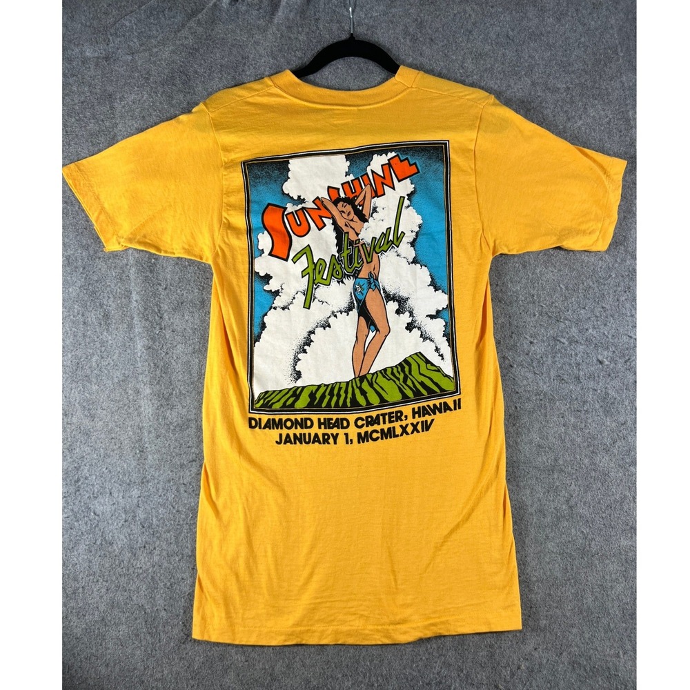 Vintage 70s Sunshine Festival Diamond Head Hawaii Music TShirt Men Medium Yellow